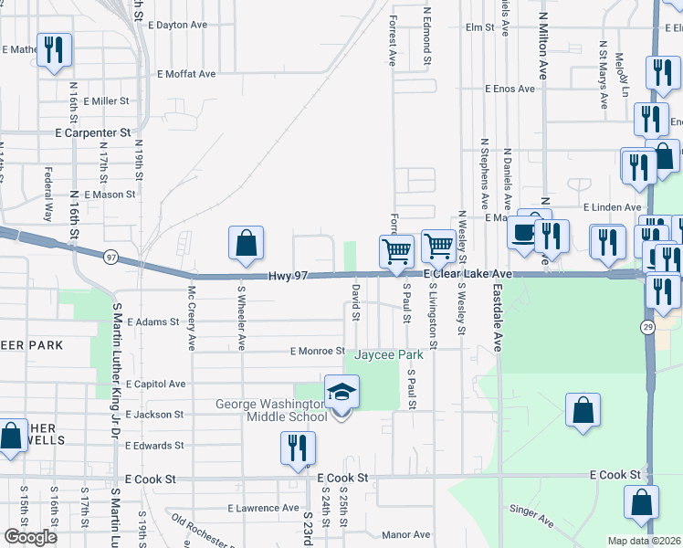 map of restaurants, bars, coffee shops, grocery stores, and more near 2315 East Clear Lake Avenue in Springfield