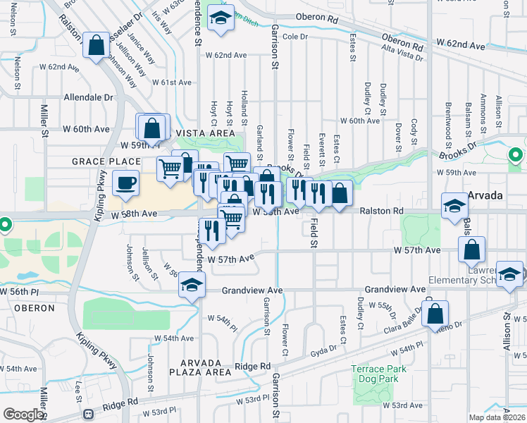 map of restaurants, bars, coffee shops, grocery stores, and more near 9250 West 58th Avenue in Arvada