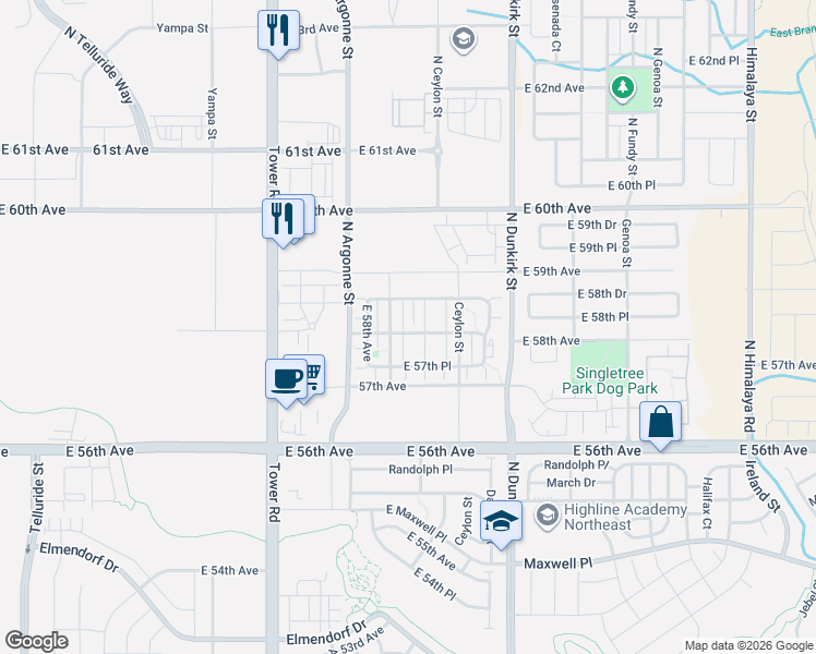 map of restaurants, bars, coffee shops, grocery stores, and more near 5835 Biscay Street in Denver