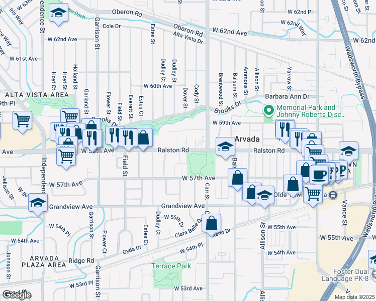 map of restaurants, bars, coffee shops, grocery stores, and more near 8595 Ralston Road in Arvada