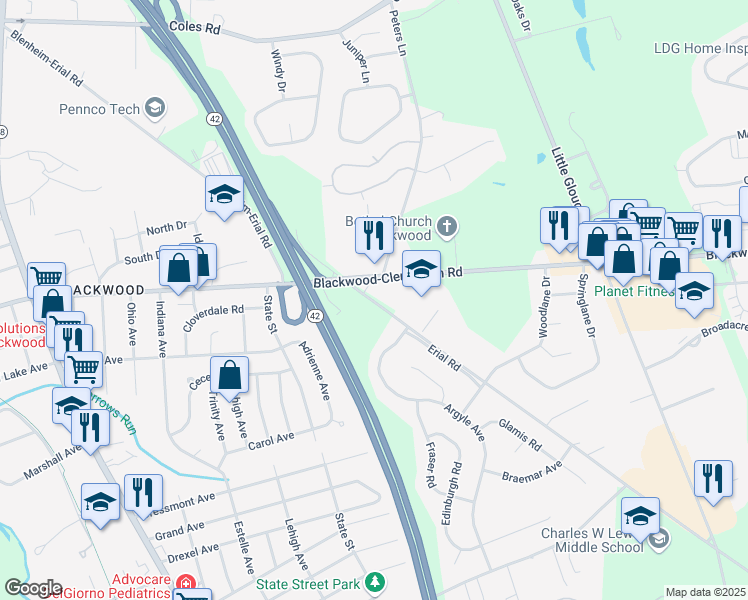 map of restaurants, bars, coffee shops, grocery stores, and more near 100 Blenheim-Erial Road in Gloucester Township