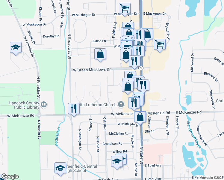 map of restaurants, bars, coffee shops, grocery stores, and more near 1416 Candlelite Drive in Greenfield