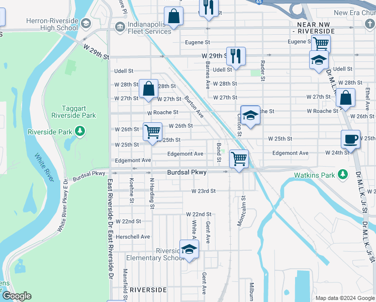 map of restaurants, bars, coffee shops, grocery stores, and more near 1227 West 25th Street in Indianapolis