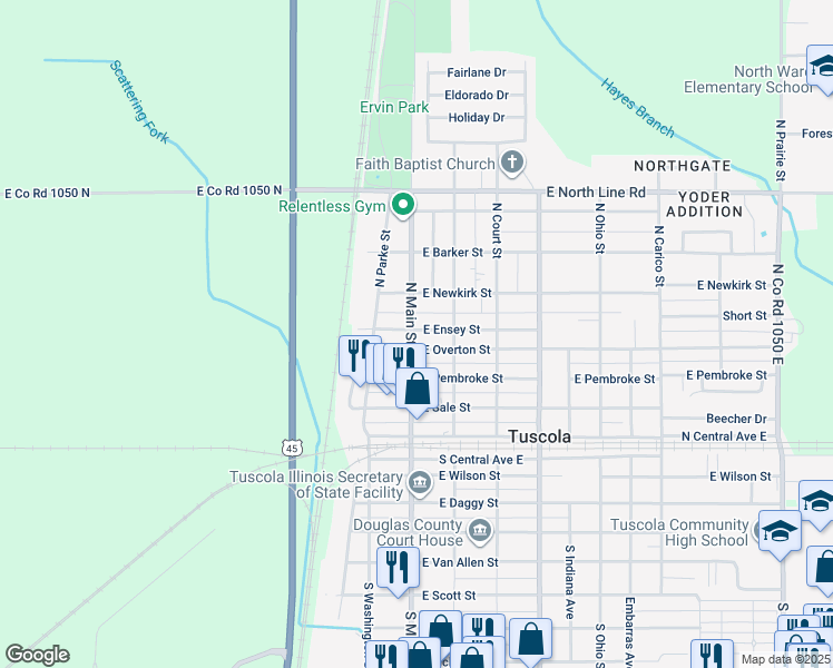 map of restaurants, bars, coffee shops, grocery stores, and more near 106 East Ensey Street in Tuscola