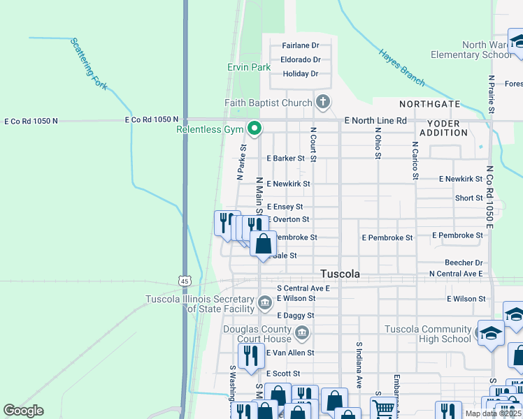 map of restaurants, bars, coffee shops, grocery stores, and more near 106 East Ensey Street in Tuscola