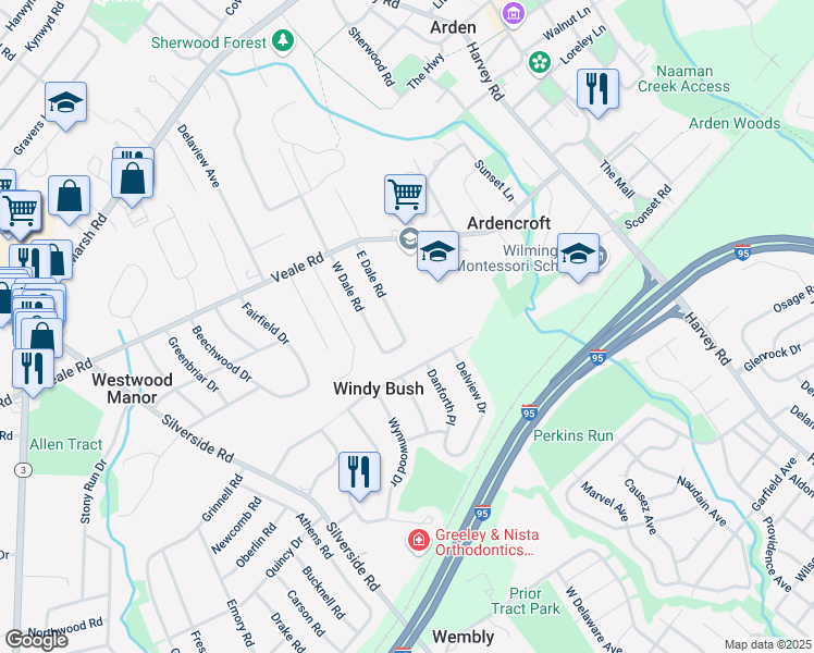 map of restaurants, bars, coffee shops, grocery stores, and more near 27 East Dale Road in Wilmington