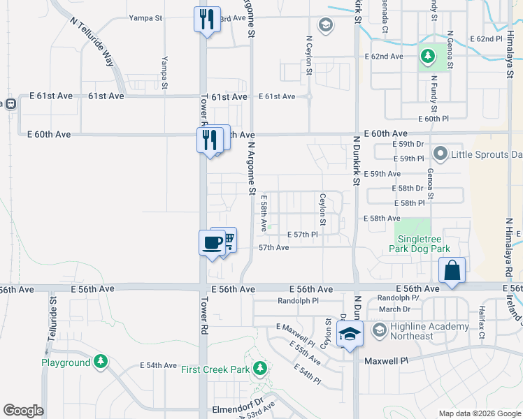 map of restaurants, bars, coffee shops, grocery stores, and more near 18761 East 58th Avenue in Denver