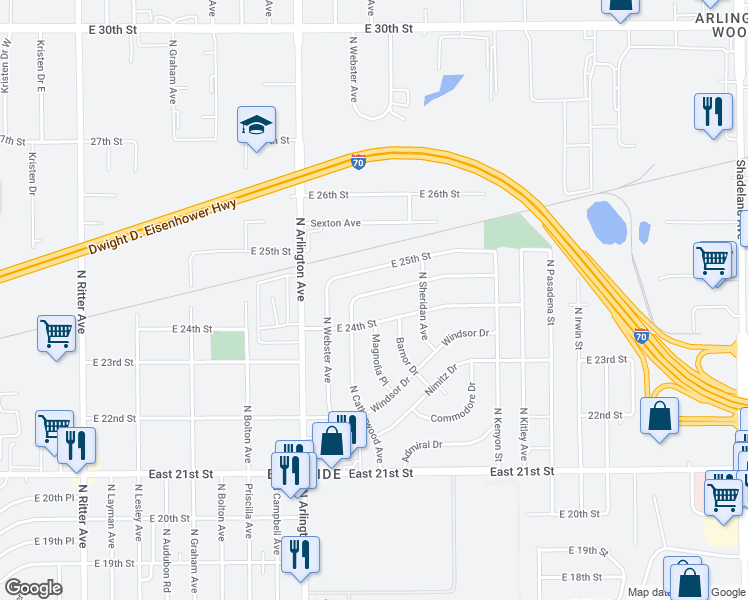 map of restaurants, bars, coffee shops, grocery stores, and more near 6125 Raleigh Drive in Indianapolis