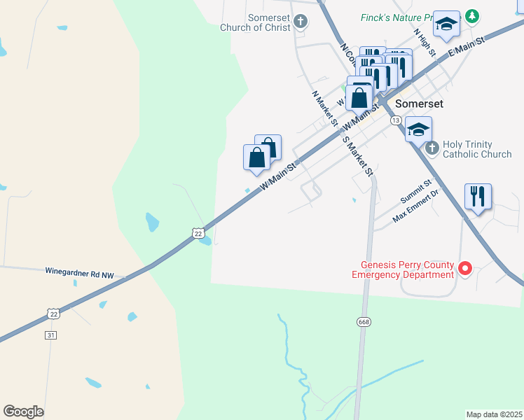 map of restaurants, bars, coffee shops, grocery stores, and more near 323 West Main Street in Somerset