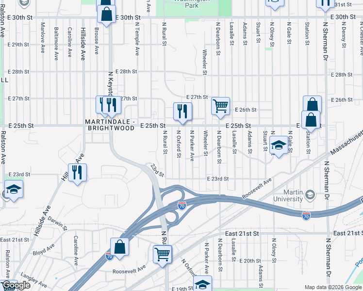 map of restaurants, bars, coffee shops, grocery stores, and more near 2439 North Oxford Street in Indianapolis