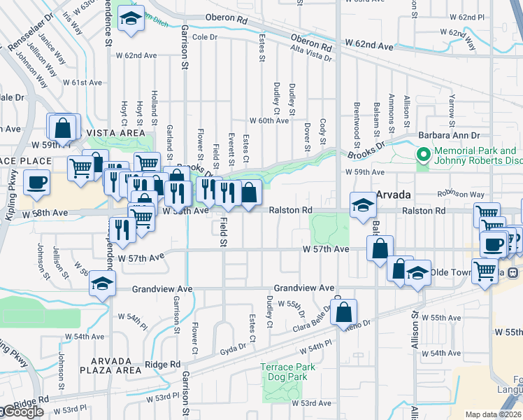 map of restaurants, bars, coffee shops, grocery stores, and more near Ralston Road & West 58th Avenue in Arvada