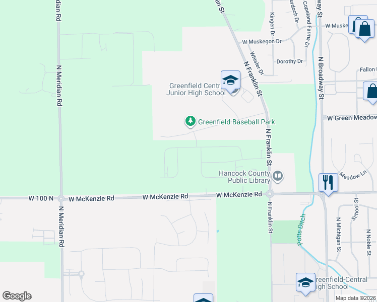map of restaurants, bars, coffee shops, grocery stores, and more near Unnamed Road in Greenfield