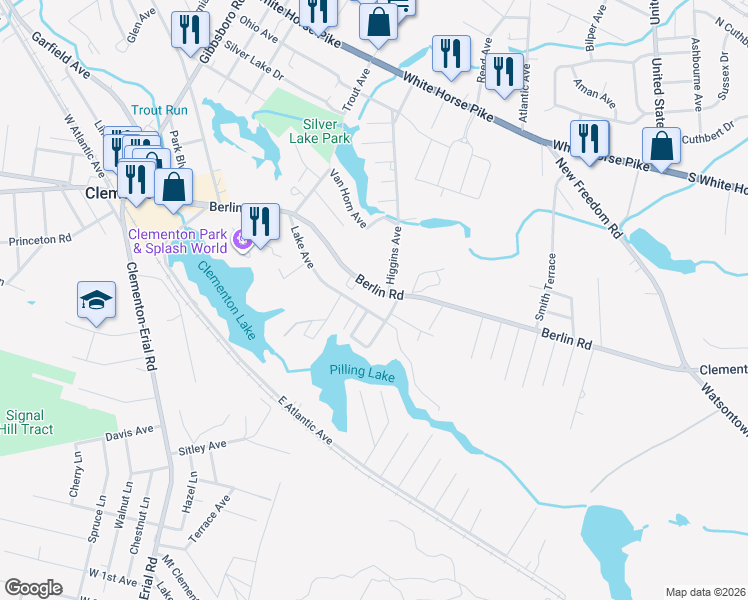 map of restaurants, bars, coffee shops, grocery stores, and more near 291 Berlin Road in Clementon