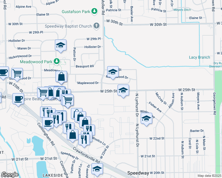 map of restaurants, bars, coffee shops, grocery stores, and more near 5419 Maplewood Drive in Speedway