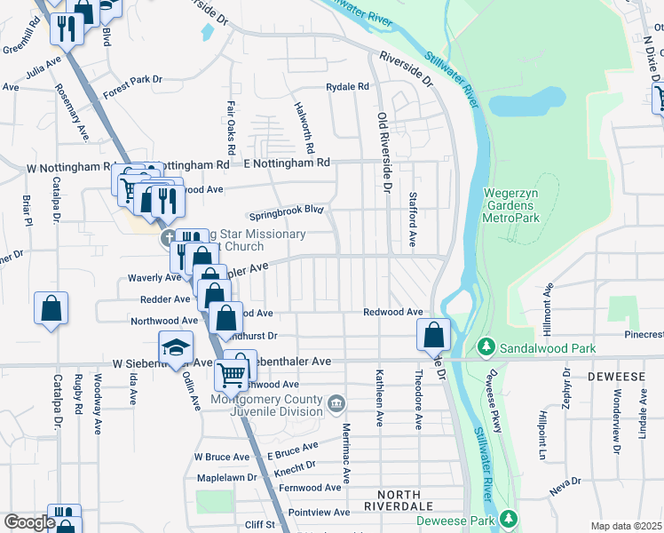 map of restaurants, bars, coffee shops, grocery stores, and more near 341 Wampler Avenue in Dayton