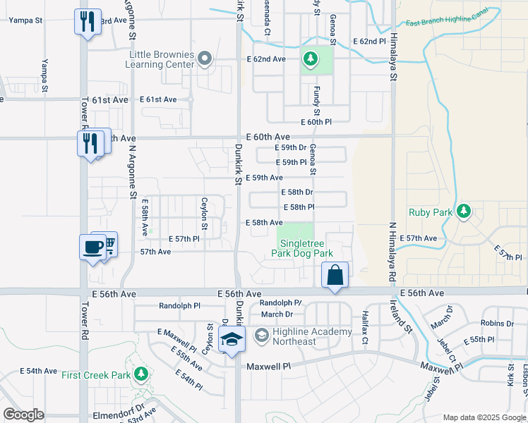 map of restaurants, bars, coffee shops, grocery stores, and more near 19474 East 58th Place in Aurora