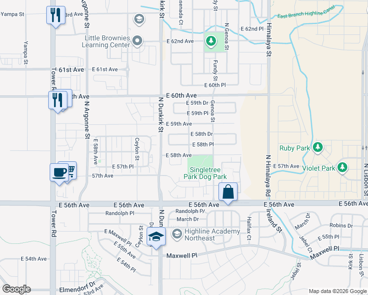 map of restaurants, bars, coffee shops, grocery stores, and more near 19609 East 58th Place in Aurora