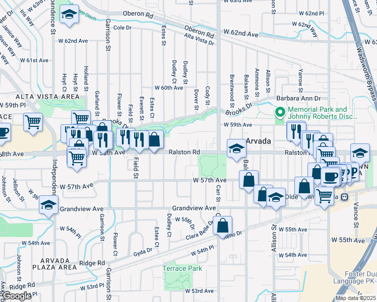 map of restaurants, bars, coffee shops, grocery stores, and more near 8595 Ralston Road in Arvada
