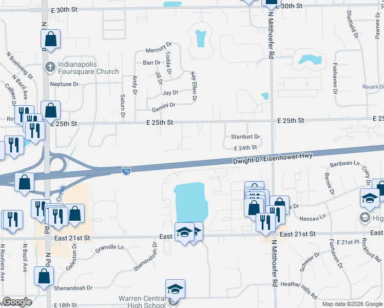 map of restaurants, bars, coffee shops, grocery stores, and more near 9602 East 24th Street in Indianapolis