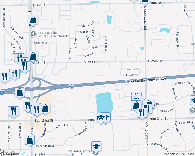 map of restaurants, bars, coffee shops, grocery stores, and more near 9602 East 24th Street in Indianapolis