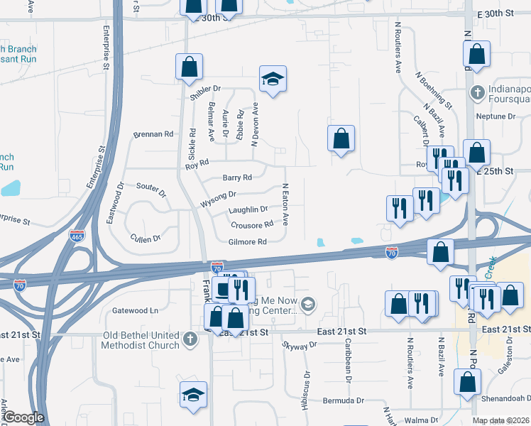 map of restaurants, bars, coffee shops, grocery stores, and more near 8302 Laughlin Drive in Indianapolis