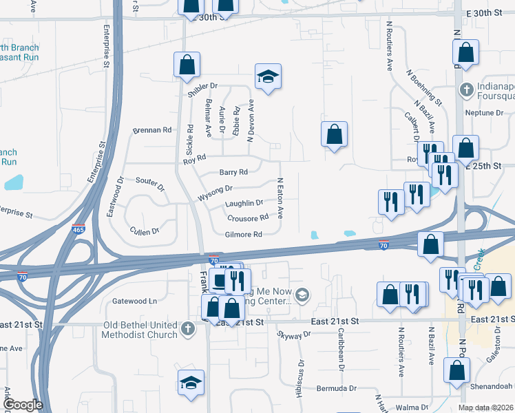 map of restaurants, bars, coffee shops, grocery stores, and more near 8302 Laughlin Drive in Indianapolis