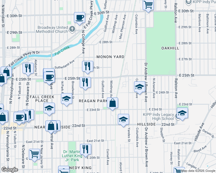 map of restaurants, bars, coffee shops, grocery stores, and more near 2459 Winthrop Avenue in Indianapolis
