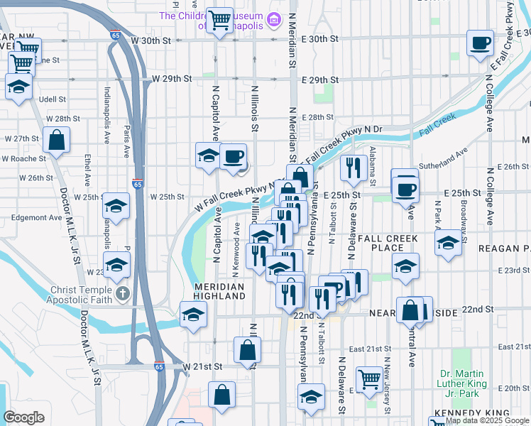 map of restaurants, bars, coffee shops, grocery stores, and more near 45 East Fall Creek Parkway North Drive in Indianapolis
