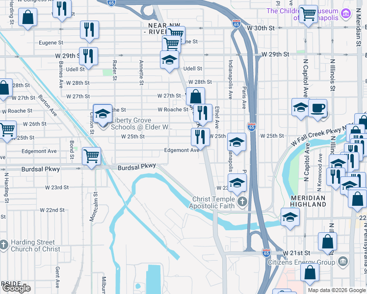 map of restaurants, bars, coffee shops, grocery stores, and more near 751 West 25th Street in Indianapolis