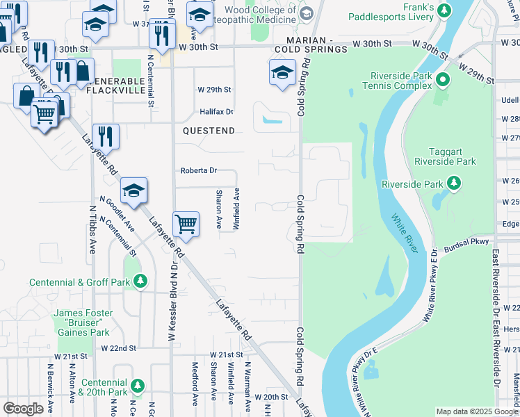 map of restaurants, bars, coffee shops, grocery stores, and more near 2618 Mansion Drive in Indianapolis