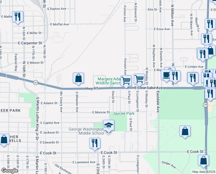 map of restaurants, bars, coffee shops, grocery stores, and more near 100-112 North 24th Street in Springfield