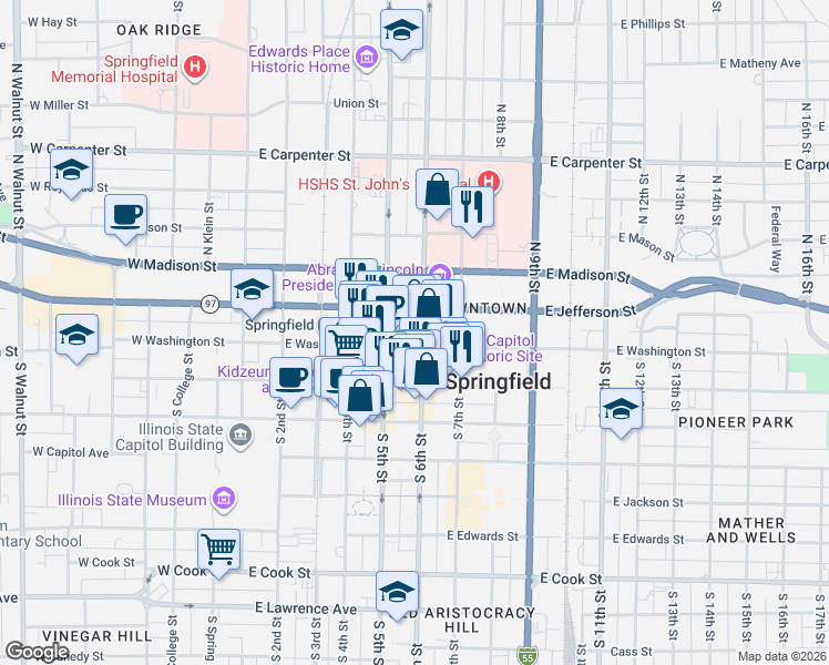 map of restaurants, bars, coffee shops, grocery stores, and more near 112 North 6th Street in Springfield