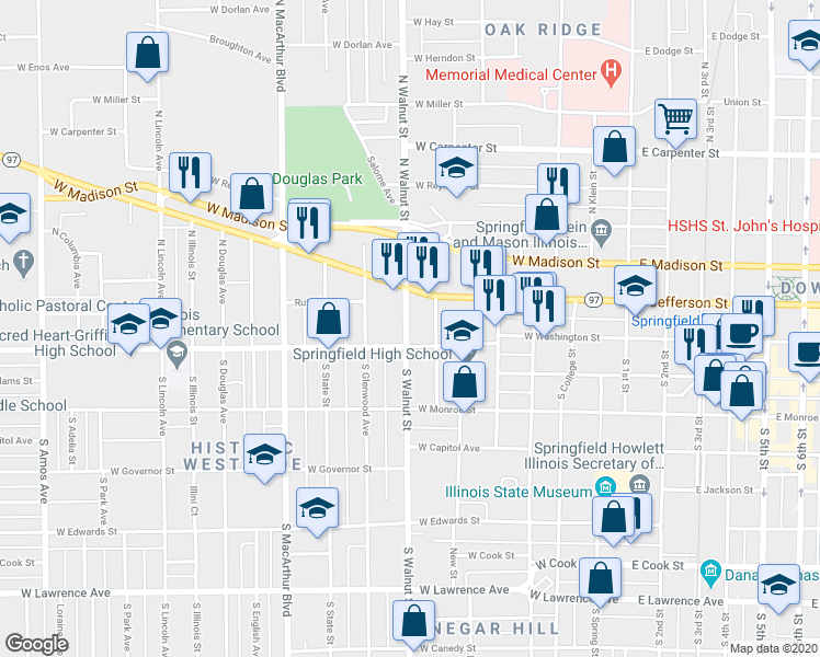 map of restaurants, bars, coffee shops, grocery stores, and more near 133 N Walnut St in Springfield