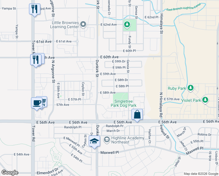 map of restaurants, bars, coffee shops, grocery stores, and more near 19494 East 58th Place in Aurora