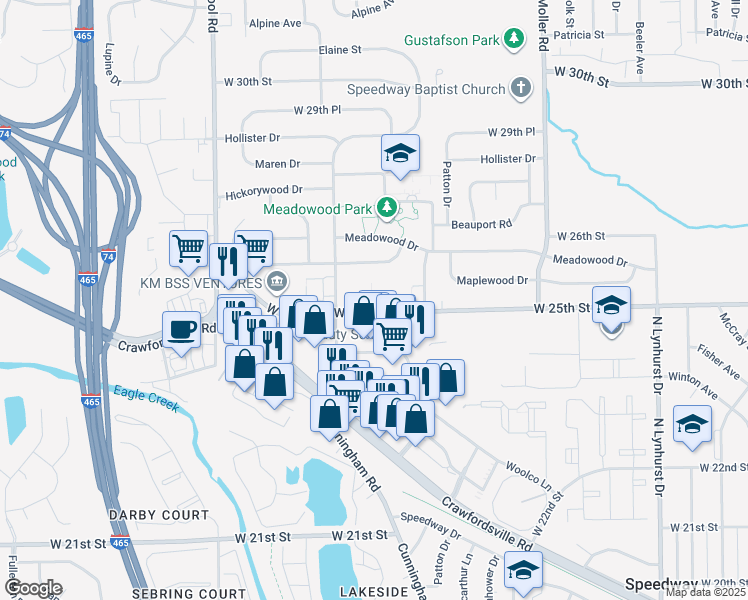 map of restaurants, bars, coffee shops, grocery stores, and more near 2525 Parkwood Drive in Speedway