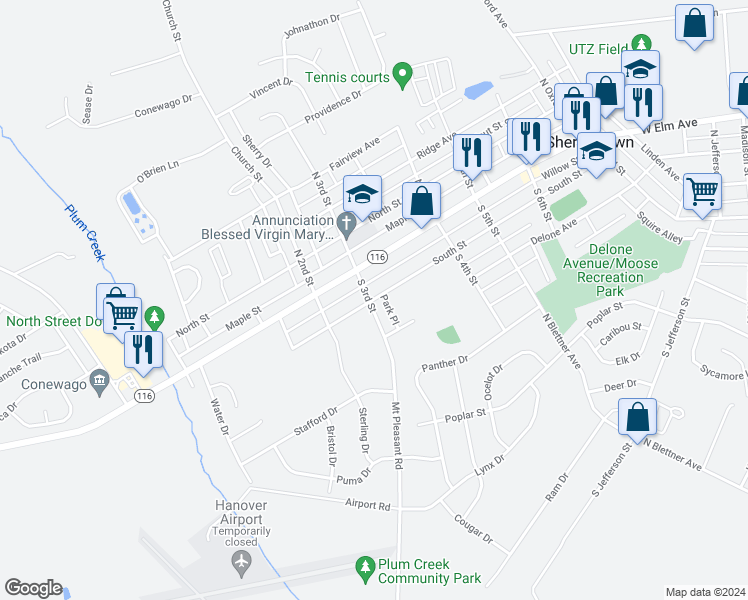 map of restaurants, bars, coffee shops, grocery stores, and more near 304 South Street in McSherrystown