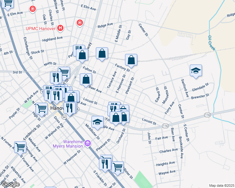 map of restaurants, bars, coffee shops, grocery stores, and more near 301 East Hanover Street in Hanover