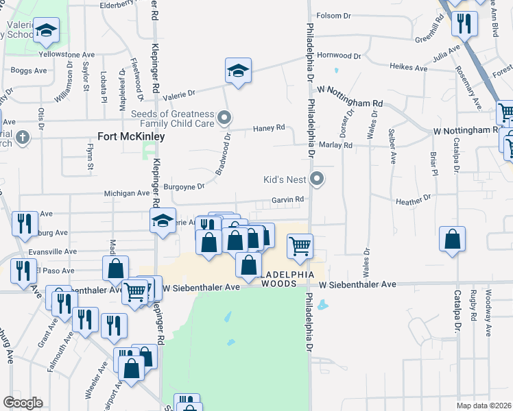 map of restaurants, bars, coffee shops, grocery stores, and more near 3148 Garvin Road in Dayton