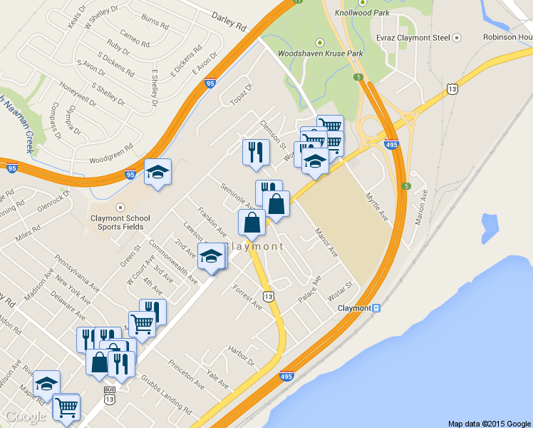 map of restaurants, bars, coffee shops, grocery stores, and more near 3501 Philadelphia Pike in Claymont