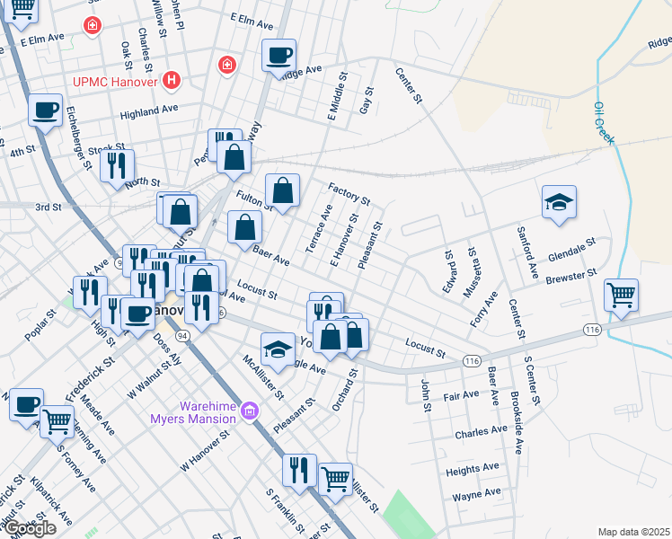 map of restaurants, bars, coffee shops, grocery stores, and more near 301 East Hanover Street in Hanover