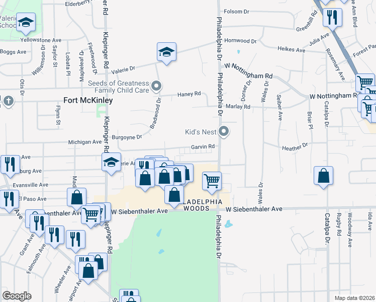 map of restaurants, bars, coffee shops, grocery stores, and more near 3148 Garvin Road in Dayton