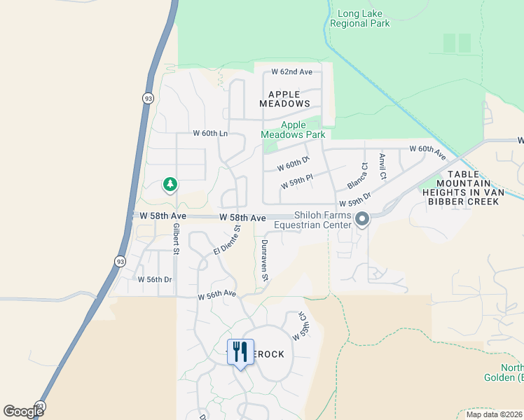map of restaurants, bars, coffee shops, grocery stores, and more near 19065 West 59th Drive in Golden