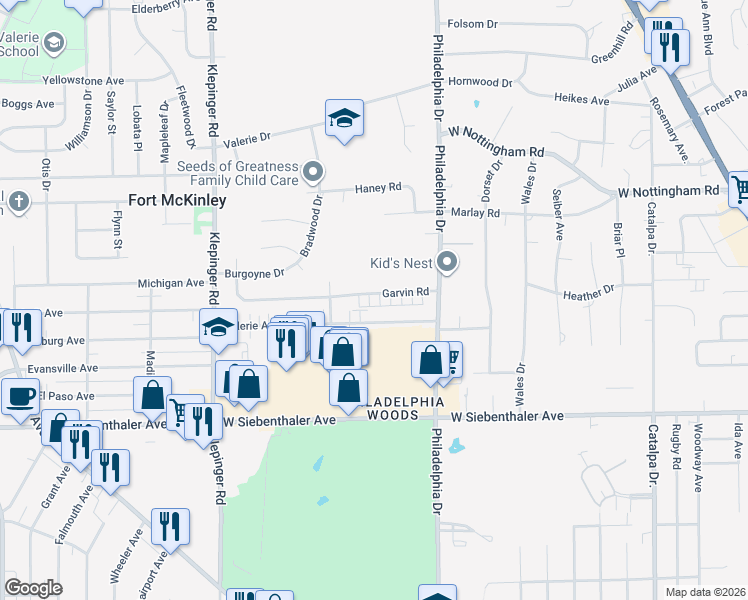 map of restaurants, bars, coffee shops, grocery stores, and more near 3148 Garvin Road in Dayton