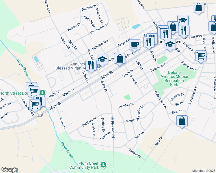 map of restaurants, bars, coffee shops, grocery stores, and more near 304 South Street in McSherrystown