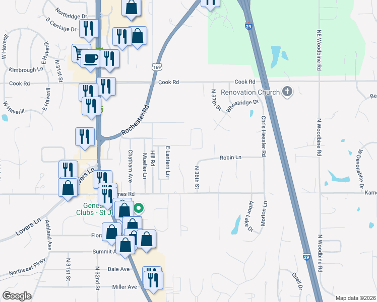 map of restaurants, bars, coffee shops, grocery stores, and more near 3506 Nickell Drive in Saint Joseph