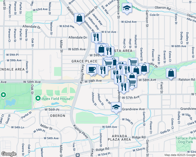 map of restaurants, bars, coffee shops, grocery stores, and more near 9825 West 58th Avenue in Arvada