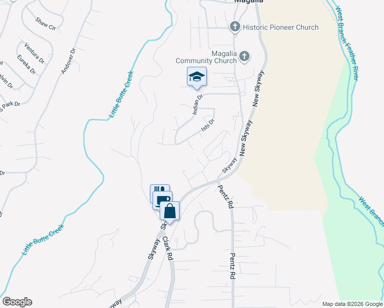 map of restaurants, bars, coffee shops, grocery stores, and more near 13577 Washo Court in Magalia