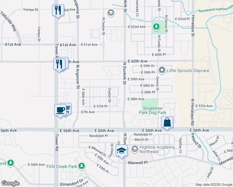 map of restaurants, bars, coffee shops, grocery stores, and more near 19171 East 58th Avenue in Denver