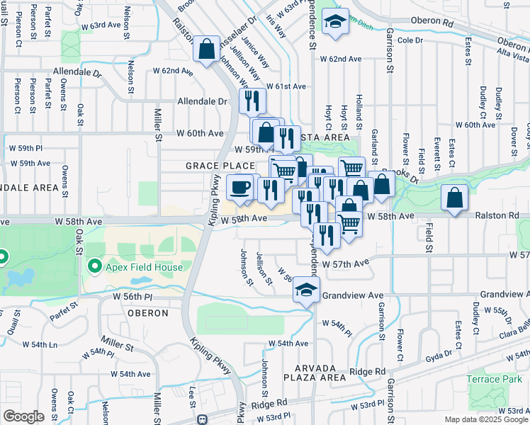 map of restaurants, bars, coffee shops, grocery stores, and more near 9825 West 58th Avenue in Arvada