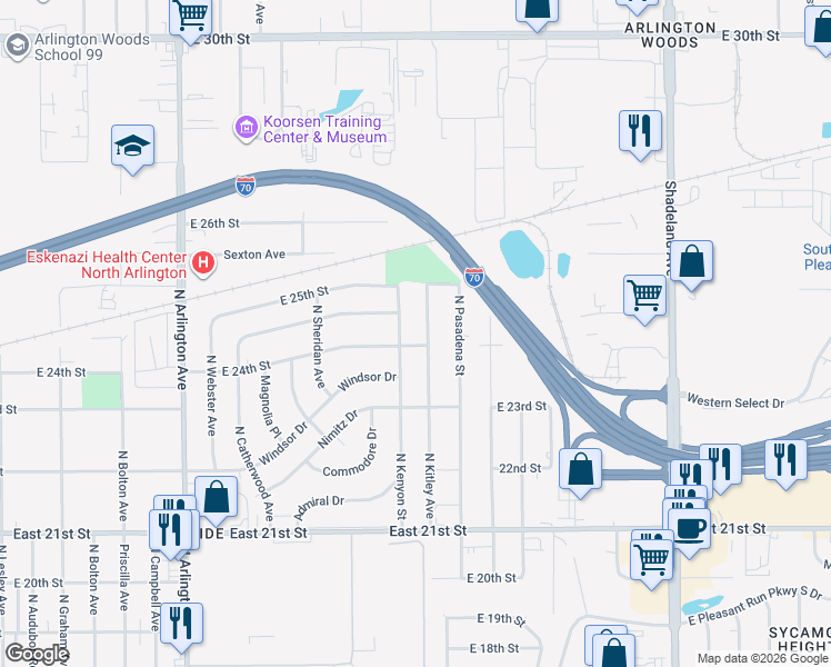 map of restaurants, bars, coffee shops, grocery stores, and more near 2419 North Kitley Avenue in Indianapolis